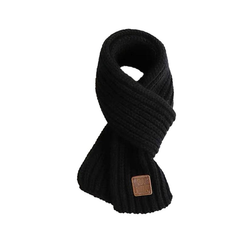 Winter warm and thick Korean style knitted scarf for boys and girls, windproof, solid color leather label neck warmer